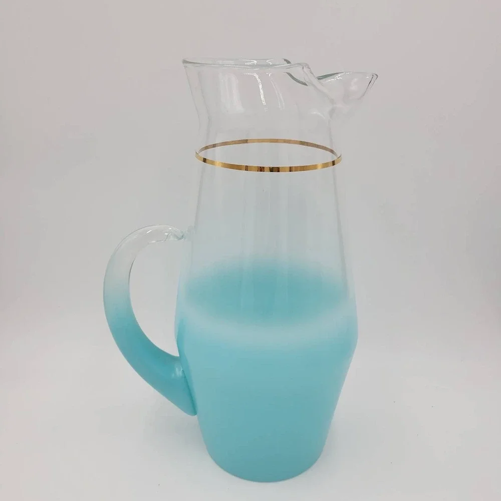 Vintage Blendo Turquoise Ombre Glass Pitcher Gold Rim Mid Century Modern Frosted